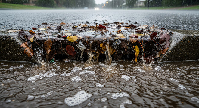 Heavy rain causes drain overflow with dark water rising over a blocked grate onto the sidewalk