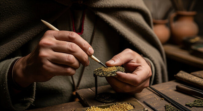 Crafting Etruscan granulation through precise placement of gold granules on a bronze base in ancient workshop