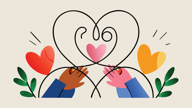 Two hands drawing a heart with intertwined lines and colorful hearts surrounded by leaves on beige background