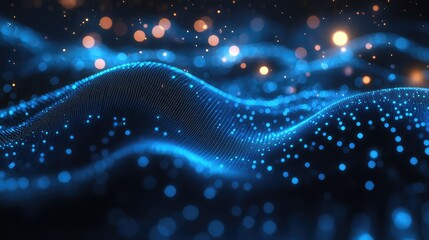Glowing blue particles form an abstract wave pattern on a dark background, representing a digital network and connected information flow with bokeh light effects