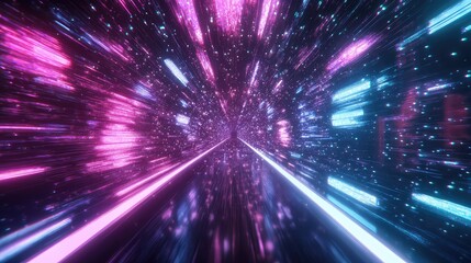 Digital data streams are moving at high speed within a futuristic neon light tunnel, visualizing concepts of technology, connectivity, and communication