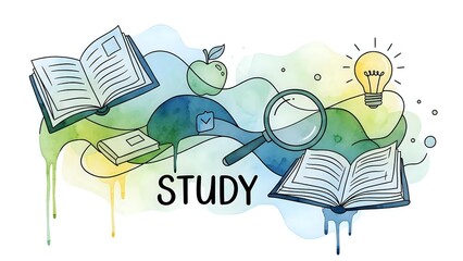 Educational study concept with open books, magnifying glass, apple, lightbulb and graduation cap on watercolor background for learning materials.