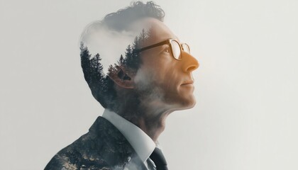 Innovative Businessman Utilizing Double Exposure Technique For Creative Thinking Enhancement. Overlapping Images Amplifying Entrepreneur'S Thought Process And Strategy Development.