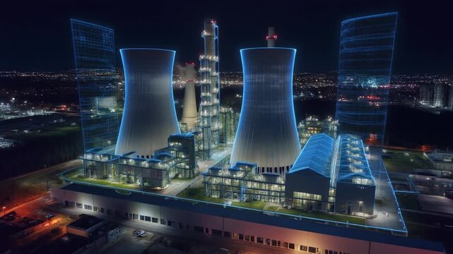 Nuclear plant glows with blue hologram towers, showing digital twins, digital clone, predictive analytics for energy systems and digital modeling