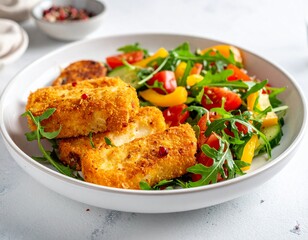 Fototapeta premium Gebratener Halloumi mit buntem Salat