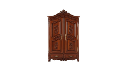Ornate wooden armoire with carved details and gold hardware on transparent background
