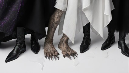 Surreal juxtaposition of human and animalistic features in a fashion context.