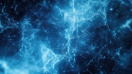 Blue abstract background visualizing a complex network of glowing lines and connecting data points, representing digital technology, artificial intelligence, and global communication