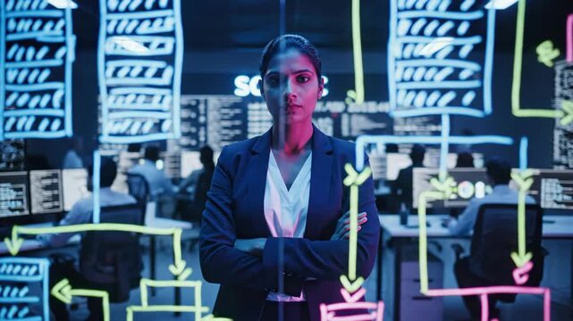 In a lively tech office, a talented woman stands confidently among colorful diagrams and charts. The atmosphere is electric as her team collaborates, sharing bright ideas and solving problems.