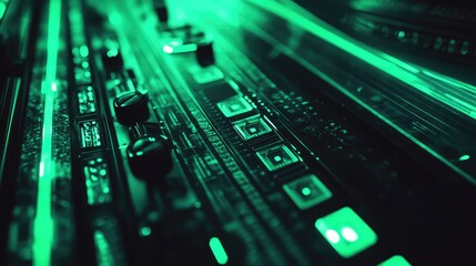 Abstract close up of a sophisticated electronic interface featuring glowing green digital displays, knobs, and circuit lines, representing data flow and advanced technology