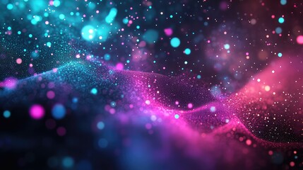 Fototapeta premium Digital flowing particles creating a shimmering, dynamic abstract wave pattern, embodying concepts of technology, connectivity, data flow, and energetic movement with a futuristic aesthetic