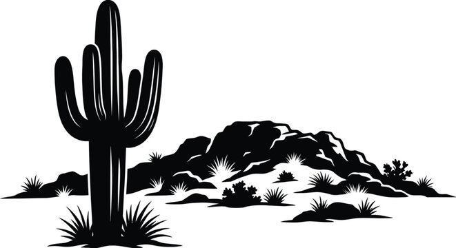 Desert Landscape Silhouette Vector | Cactus and Rocky Hill Illustration