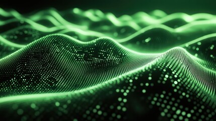 Green digital waves forming a dynamic network of glowing data points, creating an abstract background representing technology, big data, artificial intelligence, and blockchain concepts