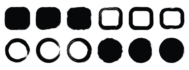 Set of rectangular, square and round grunge brush template . Brush frame rough rectangle box shape set. Ink pen rectangles squares circles ovals collection. 