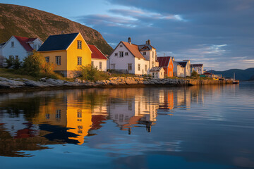 Obraz premium A picturesque coastal village basking in the colors of sunset reflects beautifully on tranquil waters, evoking a sense of peace and wonder in this serene seaside scene.
