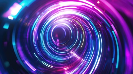 Abstract background displaying vibrant blue and purple light trails forming a dynamic spiral or vortex, representing data flow, energy movement, and futuristic digital connections