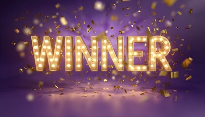 Retro Winner Celebration With Glowing Light Bulbs, Golden Confetti, And Burst Of Purple For Poker, Jackpot, Roulette, Cards, Or Lottery Winners