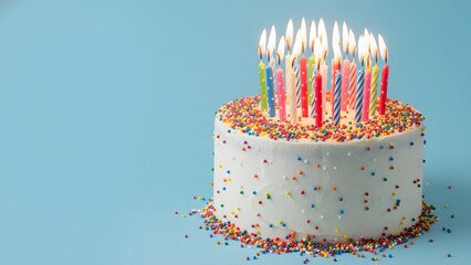 A white birthday cake covered in colorful sprinkles and lit candles on a light blue background
