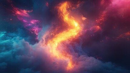 Obraz premium Abstract celestial background showing a vibrant stream of golden orange energy moving through swirling clouds of blue, purple, and red nebula in space, symbolizing power and creation