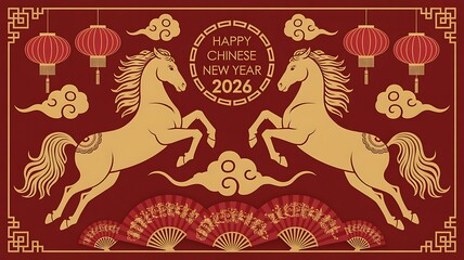 Chinese new year 2026 golden horses on red background with lanterns and decorations