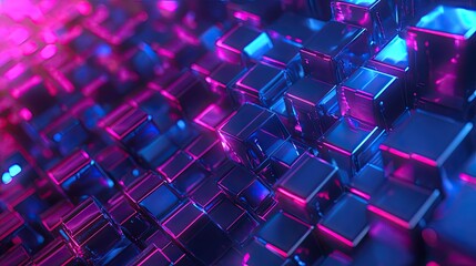 Futuristic abstract background featuring a grid of reflective geometric cubes illuminated by vibrant neon pink and blue light, representing technology, data, and digital connectivity