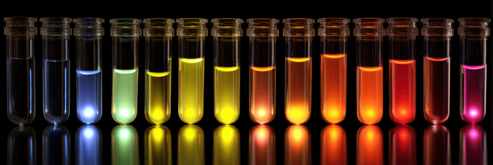 Fluorescent liquid chemical sample with colorful gradient light inside laboratory glassware test tube showing bright spectrum glowing in scientific experiment on black background