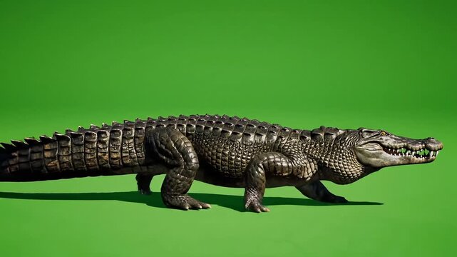Large crocodile walking on green background with sharp teeth