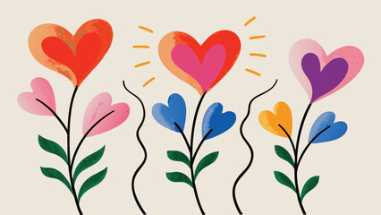 Colorful heart shaped flowers with green leaves on beige background, vibrant and playful floral design with sunburst elements, perfect