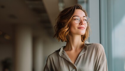 Stunning Businesswoman Enjoying A Break, Gazing Out The Office Window. A Refreshing Moment Amidst The Busy Workday.