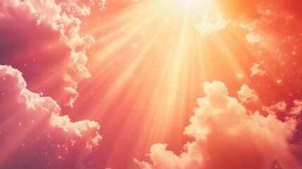 Sun rays beam through fluffy, reddish orange clouds, creating an ethereal and divine sky scene with sparkling particles, symbolizing hope, spirituality, and a peaceful ascent