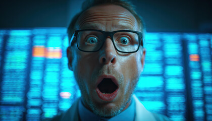 Shocked male scientist face looking forward feeling surprise emotion concept with opened mouth inside futuristic data center laboratory with blue glowing server screen background