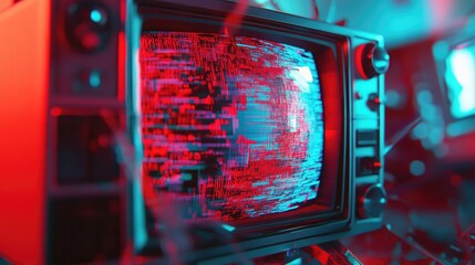 Vintage crt television screen showing abstract digital information with a pixelated visual error, illuminated by vibrant red and blue neon lights, evoking a cyberpunk and retro tech aesthetic