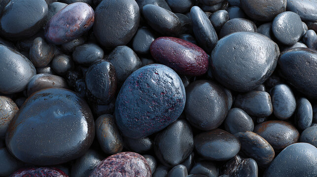 A close-up shot of a collection of smooth, wet, and glistening pebbles. The pebbles showcase varied textures and tones