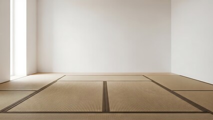 Light beige tatami mats on a wooden floor in a minimalist room