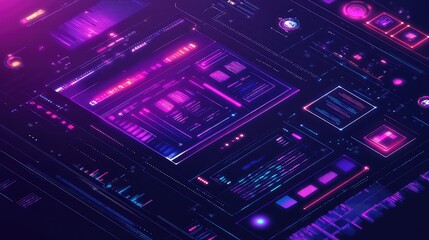 Glowing digital interface with purple blue abstract data visualizations, interconnected nodes and flowing analytics representing futuristic network communication, ai and cybersecurity systems