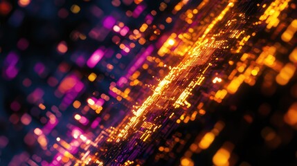 Digital data stream flows along vibrant orange and magenta lines, creating a futuristic abstract background illustrating concept of network, big data, and technology