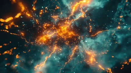 Abstract orange and yellow glowing plasma energy bursting and flowing like lightning through a dark, turbulent teal nebula background, creating dynamic patterns and a sense of powerful movement