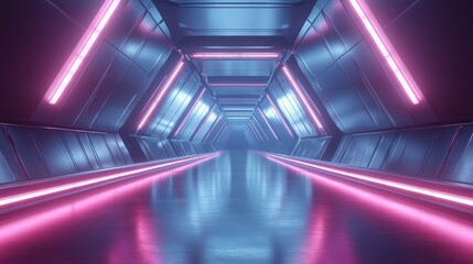 Sci fi corridor features glowing fluorescent lighting reflecting on the sleek metallic floor, creating an immersive journey into advanced technology and future concepts