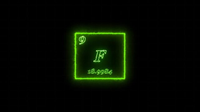 Fluorine - periodic table element symbol hologram, chemical element Periodic Table, atomic weight element number ,glowing on black background in 4K.