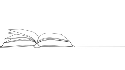 A minimalist, continuous line drawing of an open book with pages fanning out on a white background.