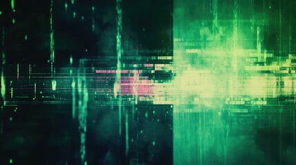 Abstract digital background with flowing data streams and glitch effects creating a dynamic cyber technology visual, blending energetic green and yellow hues with subtle pixelated irregularities