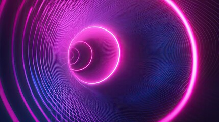 Abstract tunnel featuring a series of concentric glowing pink and blue neon rings creating a vibrant, dynamic digital pathway representing data or speed