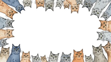 Adorable cats frame border with various breeds creating circular pattern on white background. Cute feline faces surrounding empty space for text or design.