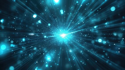 Fototapeta premium Abstract digital light explosion creating a dynamic tunnel of blue particles and glowing lines, symbolizing high speed data flow, technological connection, and futuristic innovation