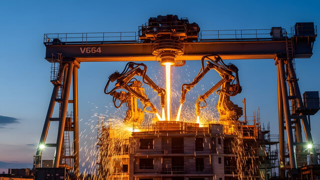 Advanced Futuristic Industrial Multi-Arm Robotic Gantry Crane System Pouring Molten Lava-Like Material with Sparks Flying on Large-Scale Multi-Story Concrete Building Construction Site at Twilight Dus