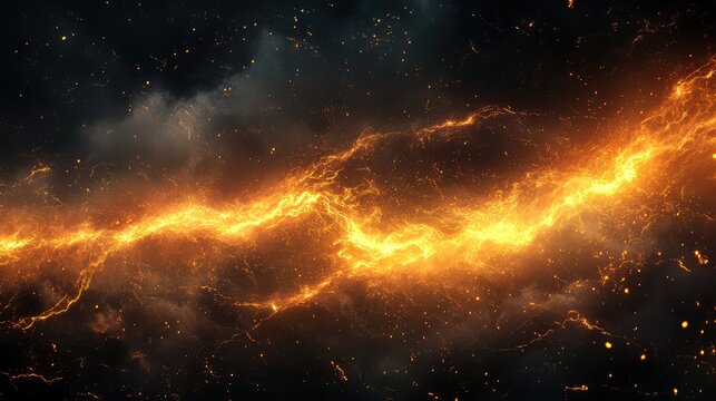 Glowing orange yellow energy stream cutting through dark cosmic space, vibrant plasma particles and electric sparks forming a dynamic, futuristic nebula like light trail