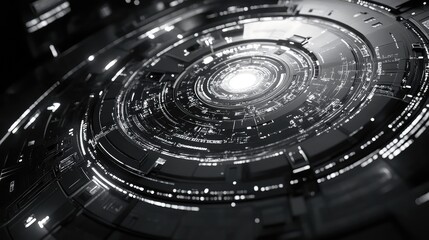 Abstract technological background presenting a circular computing core with glowing light elements and intricate digital circuits, representing advanced ai systems and big data streams