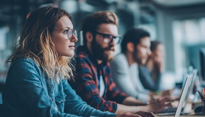 Young Coworkers In Modern Office Discussing Ideas For A New Business Project Using Electronic Devices, Creating A Dynamic And Blurred Image.