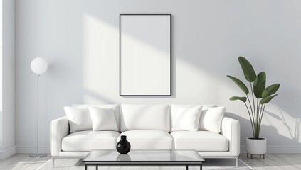 Apartment interior with pastel colored sofa, coffee table, carpet, gray wall with blank photo picture frame for copy space. Artist designer mock up render