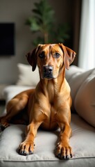 Elegant Rhodesian Ridgeback rests in minimalist living room, stylish, ridgeback, sofa